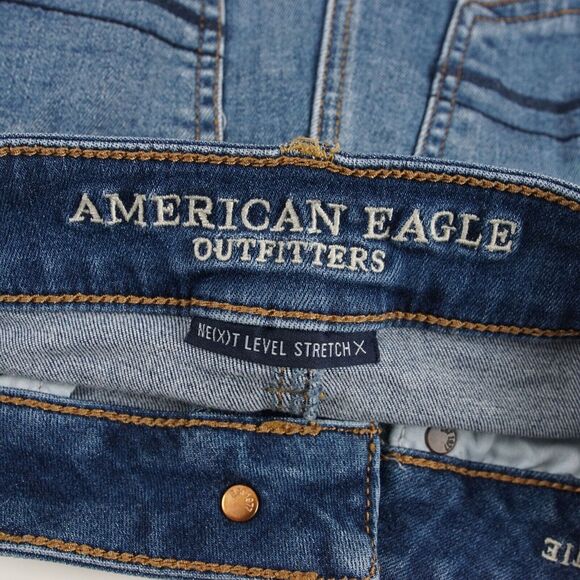 American Eagle Next Level Stretch Hi Rise Shortie Blue Denim Shorts Sz 2 - Picture 7 of 9